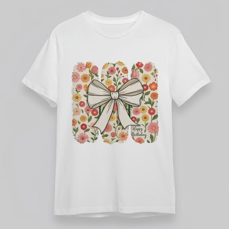 

Women s Plus Size Comfortable Soft Classic T-Shirt Happy Birthday Floral Bow Tee L