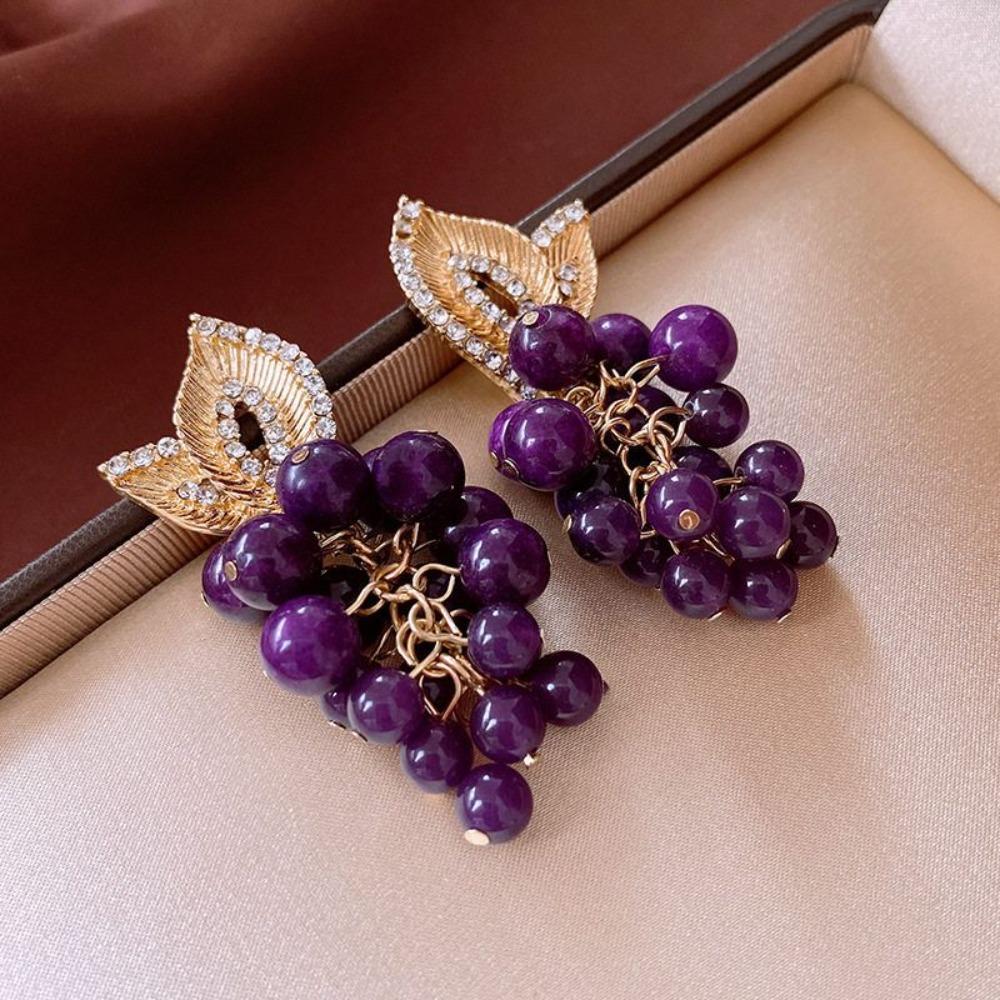 Imitation Fruit Purple Beaded Earrings Light Luxury Vintage Earrings Grape Stud Earrings  Party