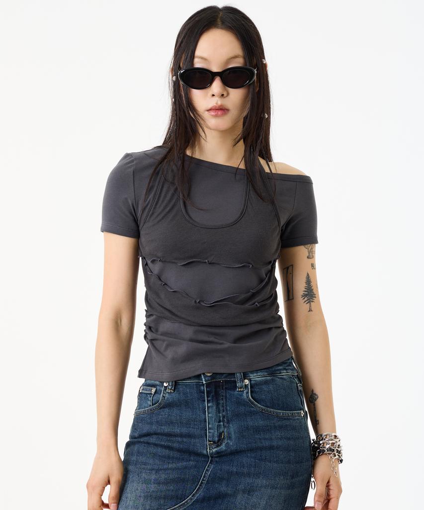 UNKNOWN PLANET Layered Deconstructed Slim T-Shirt Charcoal