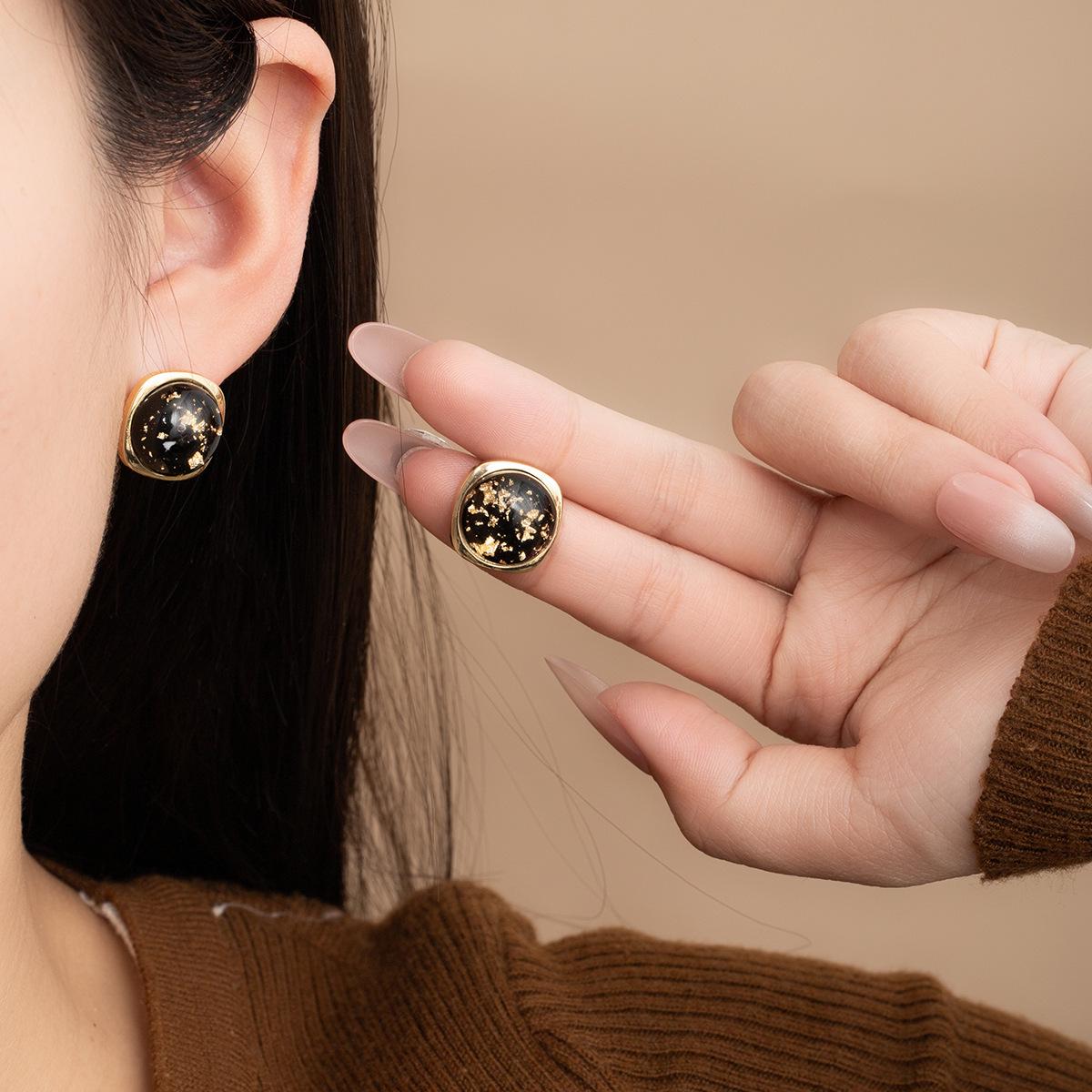 Silver Needle Retro Light Luxury Black Starry Sky Gold Trim Drop Earrings for Women