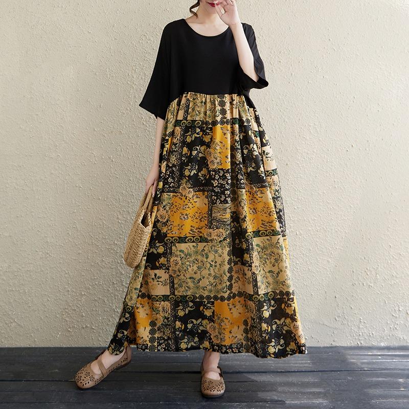 The real shot is the new 125kg fat MM to cover the meat and show thinness, and the color matching cotton and linen dress women's clothing.