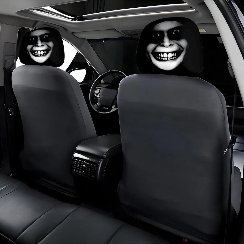 2pcs Horror Theme Printed Pattern Car Headrest Protective Cover, Comfortable and Fashionable Car Seat Headrest Protective Cover