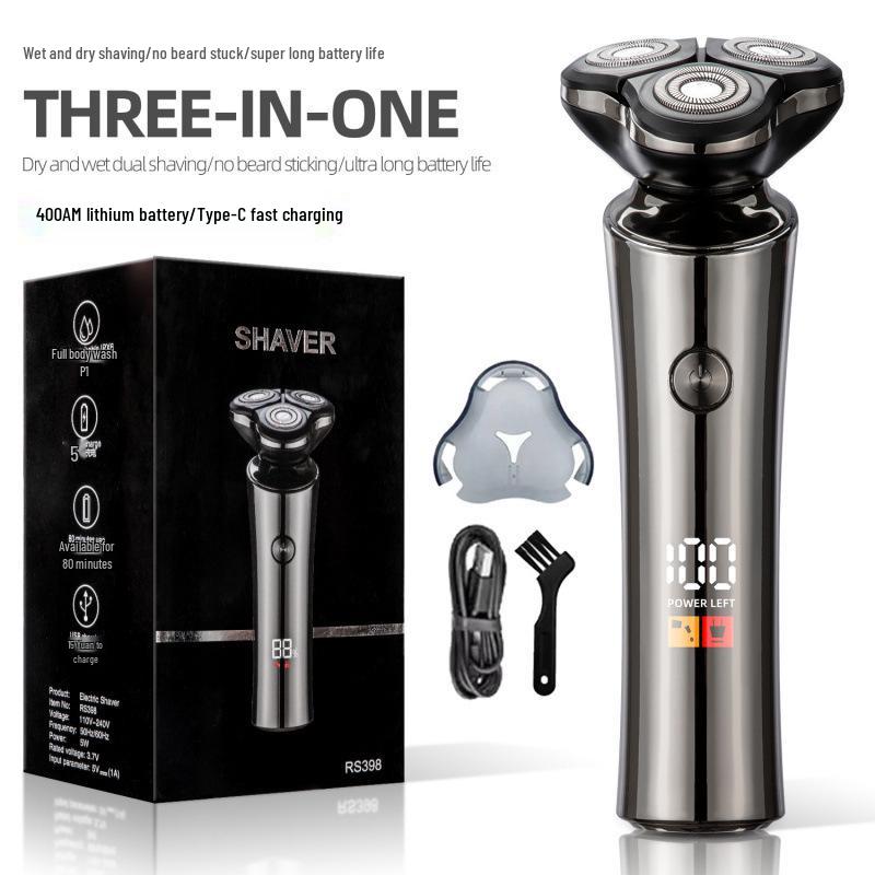 Cross New Men's Rechargeable Electric Shaver: Full Body Washable Rotary Three-Blade Beard Trimmer