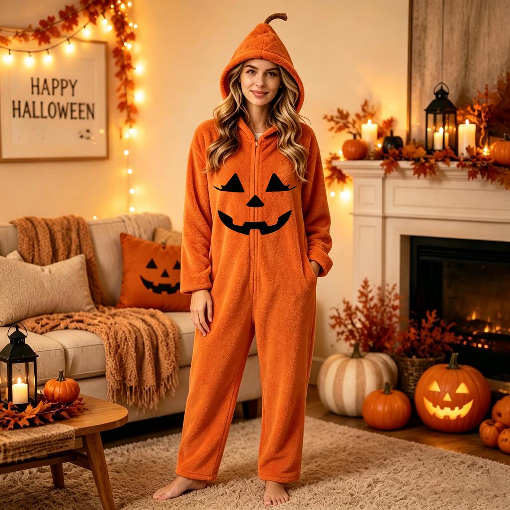 Damen Halloween Print Flanell Strampler Loungewear Set für gemütliches Entspannen