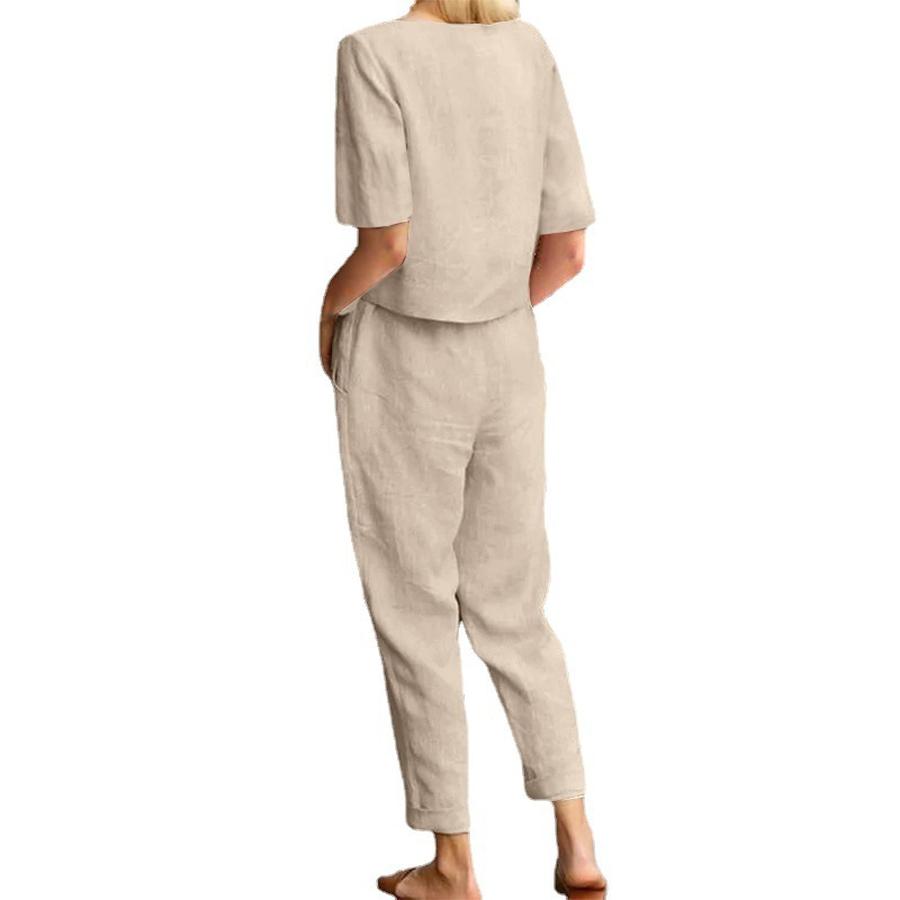 Women's Cotton Linen Summer Outfit Set - Half Sleeve Crew Neck Oversized Shirt Wide Leg Pants Retro Set