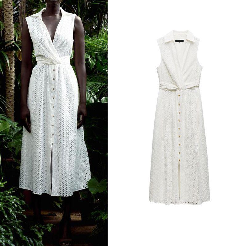 Spring New Temperament Waist-Controlled V Neck Sleeveless Ruched Decorative White Embroider Hollow Dress 3017653