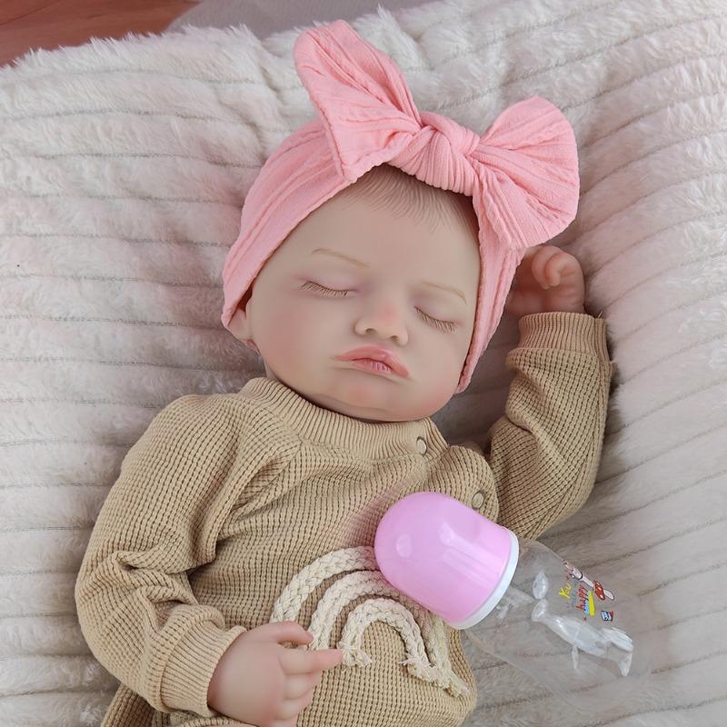 18Inch 46cm Simulated Doll Brown Knitted Rainbow Jumpsuit Pink Bow Headband Vinyl Rebirth Doll Bath Toy Limb Flexibility Doll with Feeding Accessories