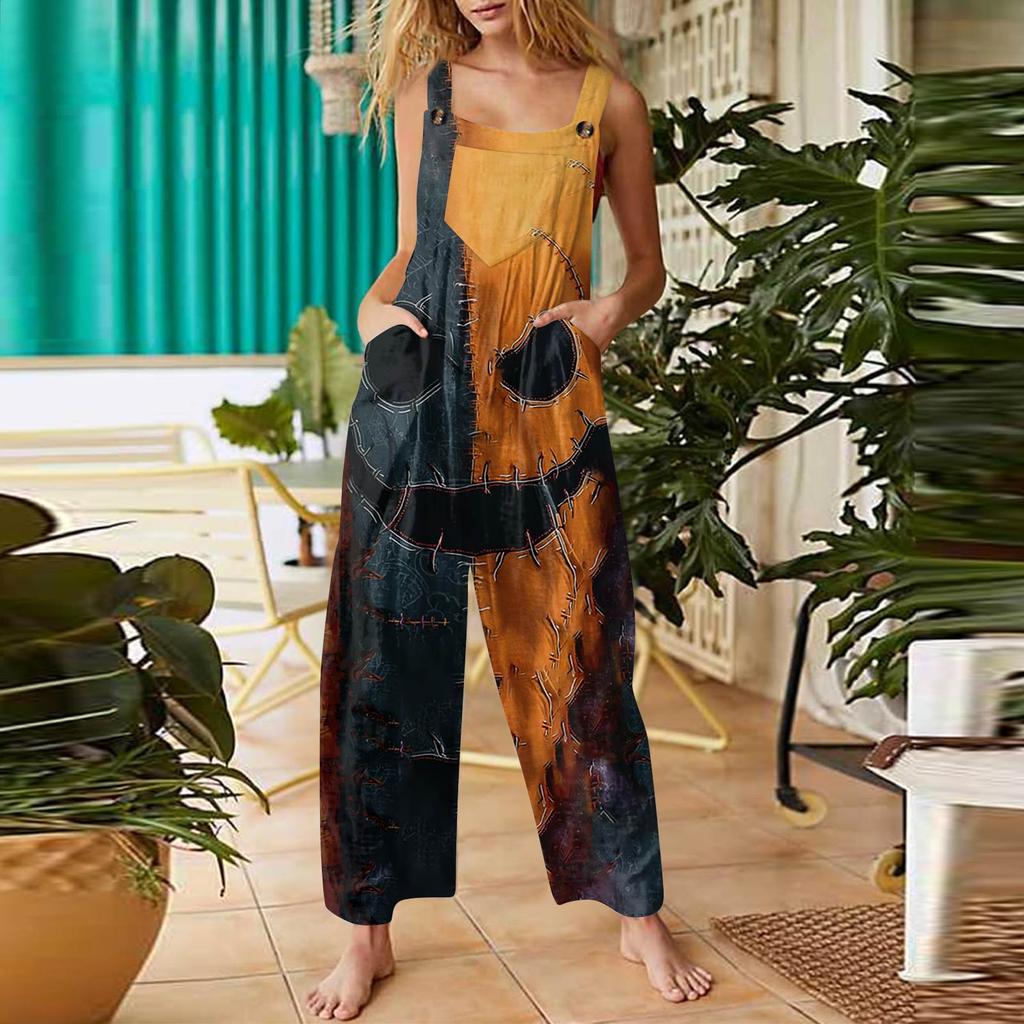 Women's Fashion Halloween Print Casual Vintage Sleeveless Button Jumpsuit