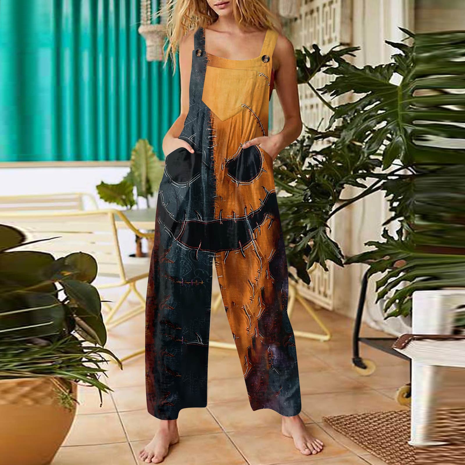 

Женский модный повседневный винтажный комбинезон без рукавов на пуговицах с принтом на Хэллоуин XL шафрановый