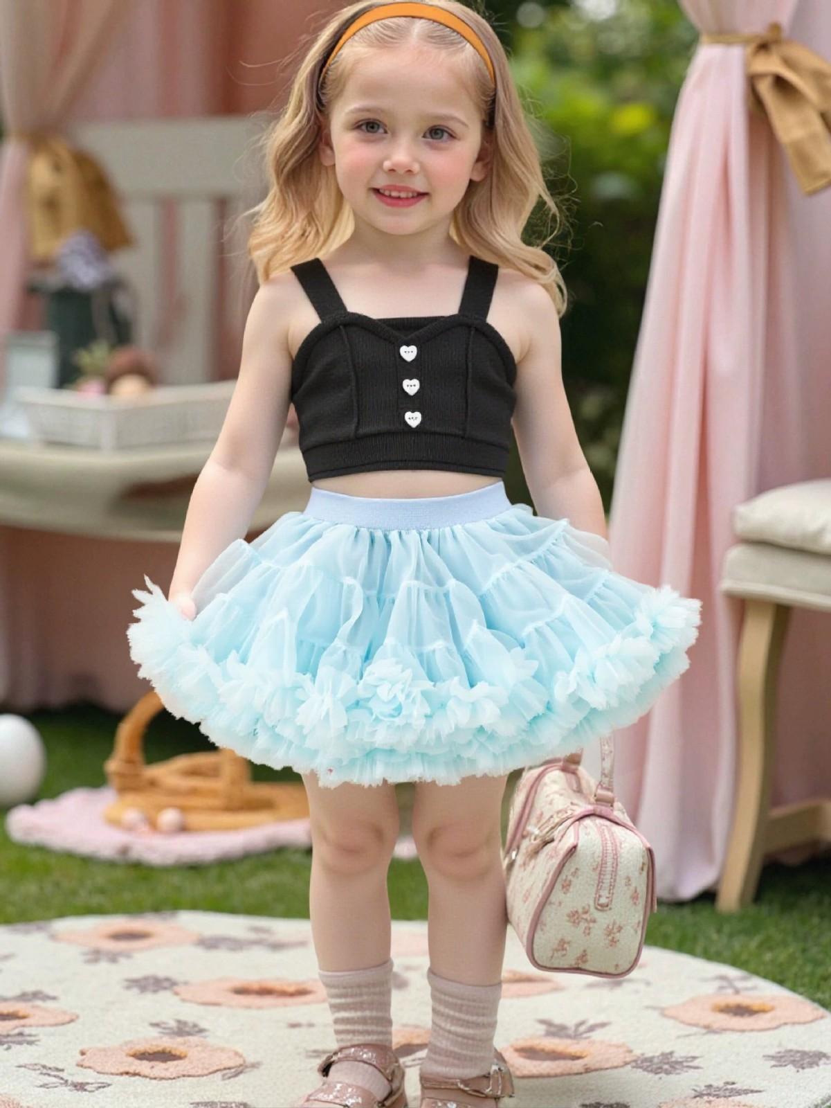 

Вязаный жилет на пуговицах в форме сердца для девочек + сетчатая юбка, комплект из двух предметов 130 небесно-голубой