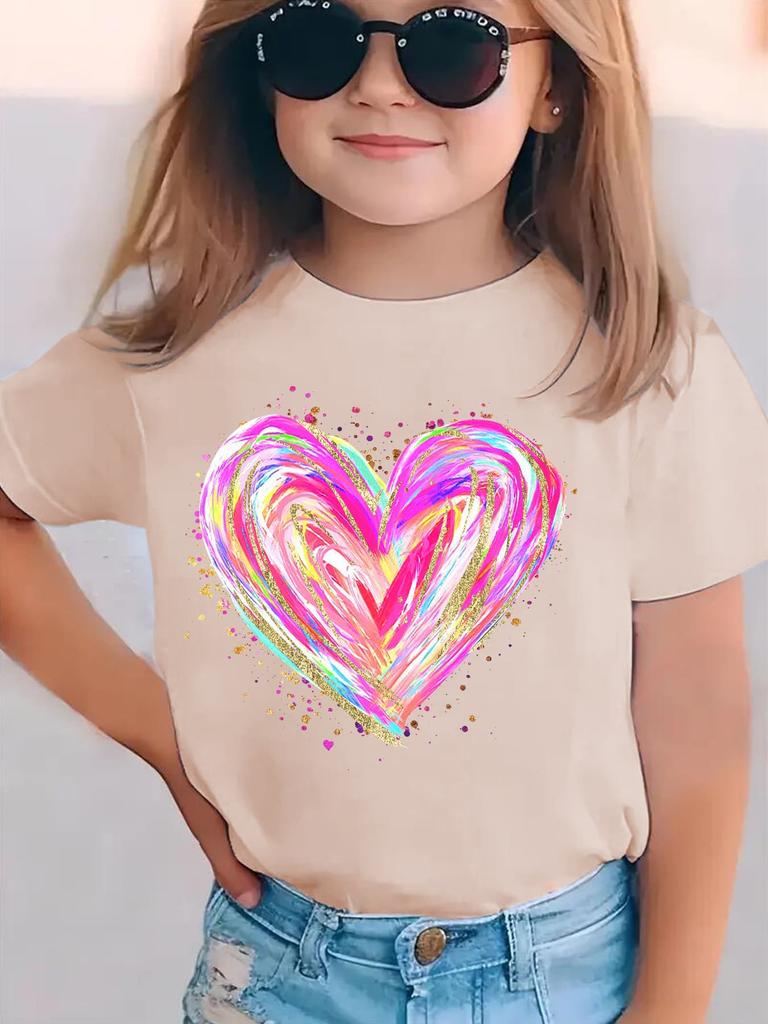 Childrens Pure Cotton Tshirt with Colorful Heart Pattern Fashion Round Neck Short Sleeves Casual and Breathable Top Girls