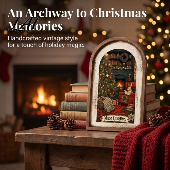 Vintage Christmas Home Decor Rustic Wooden Decoration Arched Window Frame Wall Decor Winter Xmas Holiday Party Table Sign Tabletop Ornament
