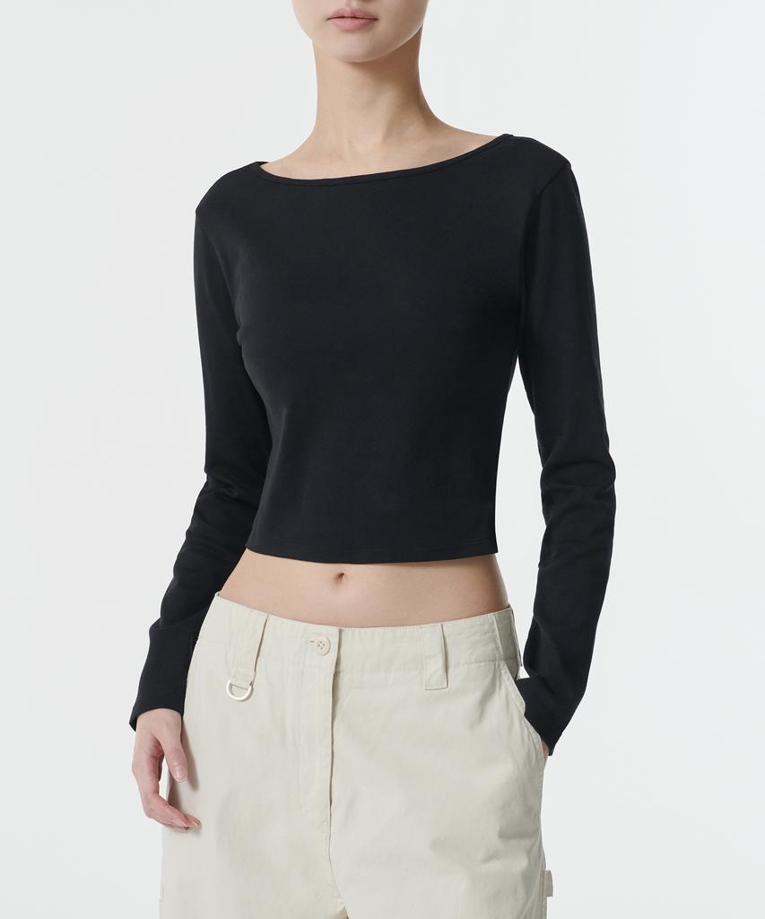 MUSINSA STANDARD WOMAN Women'S Slim Crop Reversible Neck Long Sleeve T-Shirt [Black]