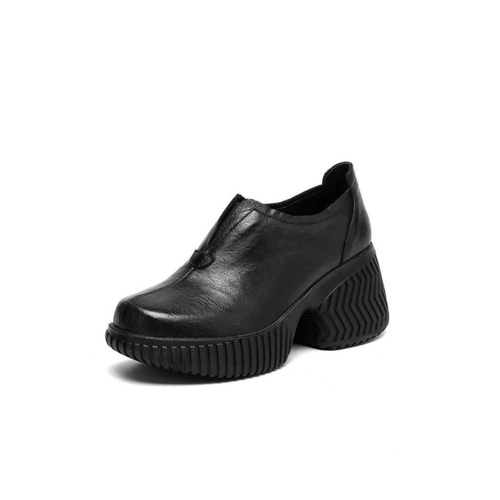 Retro Round-toe Slip-on Thick-soled Shoes for Women, Height-increasing Suitable for Petite Individuals, Deep-cut Commuting Shoes