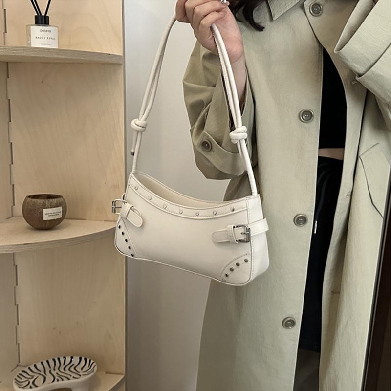 Retro Studded Faux Leather Shoulder Bag with Buckle Detail, Multi-Color for Daily Use Shopping Dating, Commuting and Short Trips