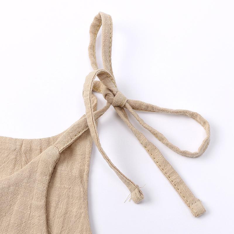 Girls' Summer Solid Color Cotton-Linen Dress With 2 Side Pockets And Tie Straps Children'S Strap Dress