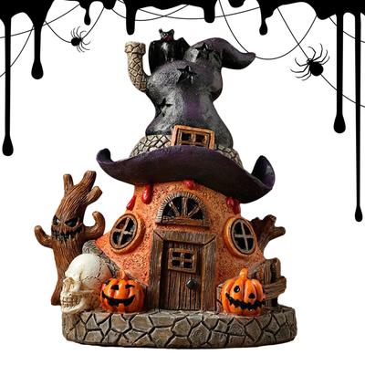 Halloween Spukhaus Dekorationen Harz Beleuchtetes Gruselhaus 6,18 Zoll Leuchtende Figur Statue Halloween Hexe Kürbis Dekoration