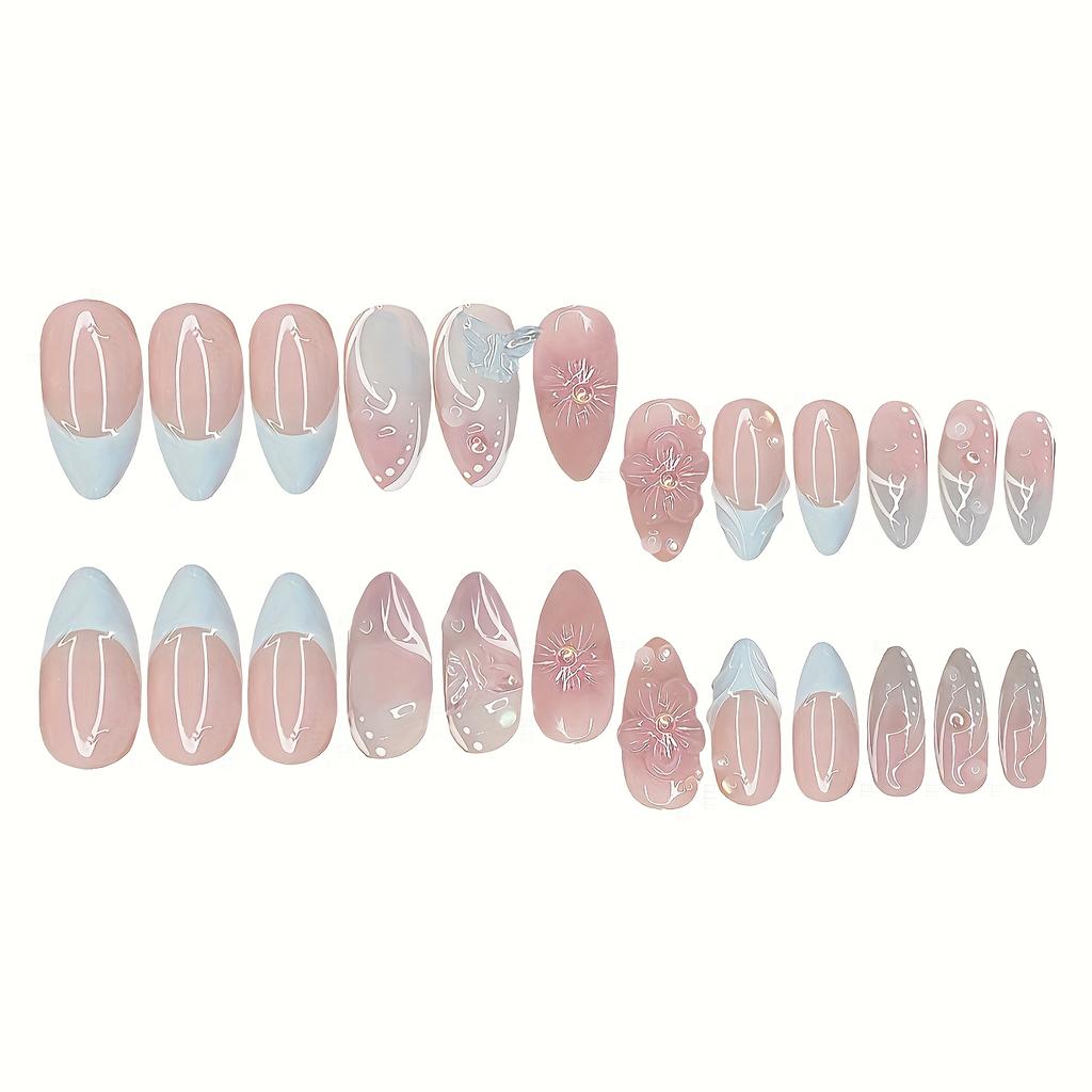 Set van 24 stuks Franse Amandel Plaknagels, Blauw & Roze Verloop 3D Strepen & Bloemig Vlinder Design, Verwijderbare Valse Nagels met 1 Gel & Nagelvijl