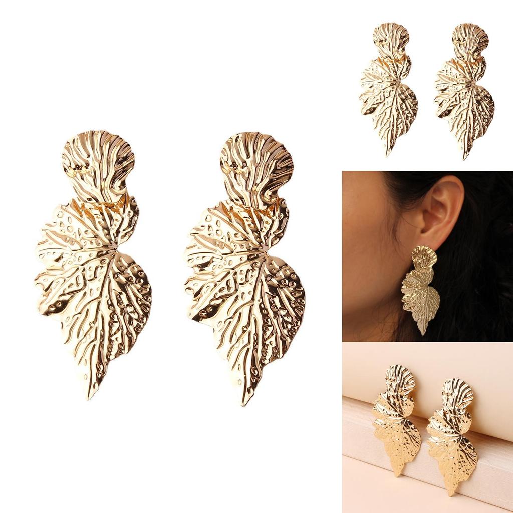 Metal Leaf Earrings With Gold Coating And Bold Design For Women