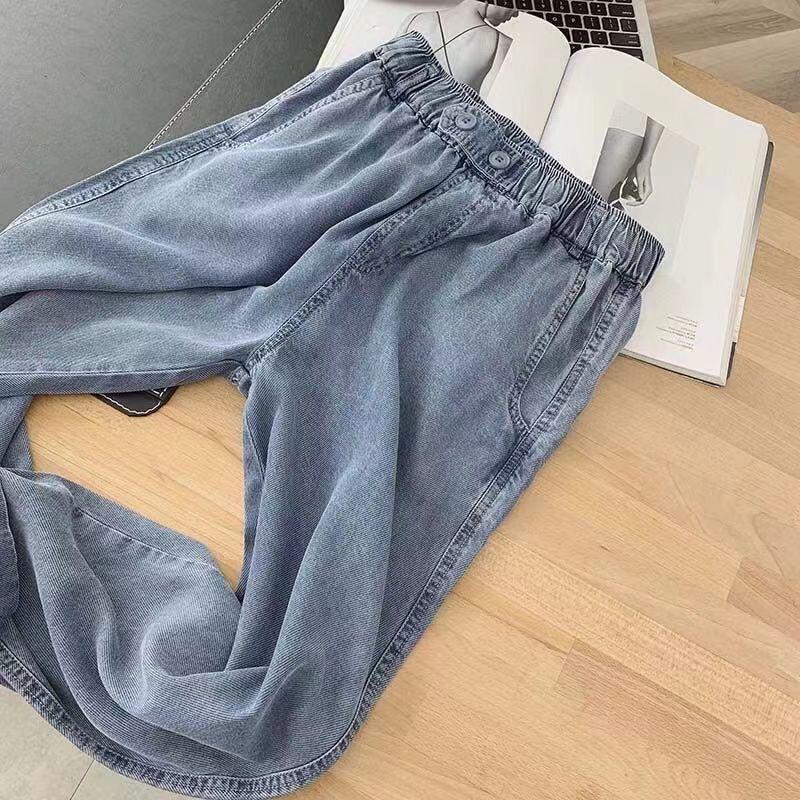 Women's Light Blue High-Waisted Tencel Denim Jeans, Loose Straight Leg, Petite & Plus Sizes, Summer Thin Style