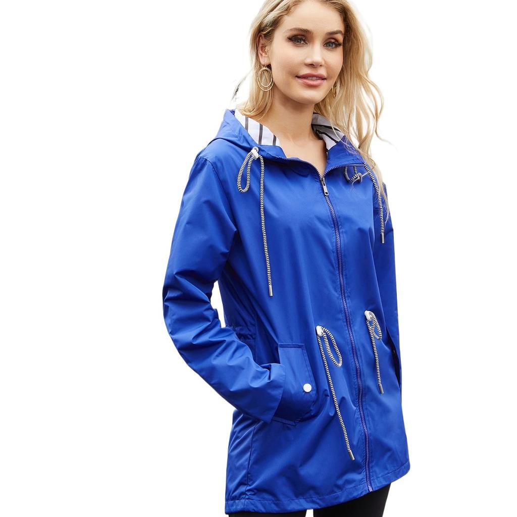 Womens Zipper Long Windbreaker Waterproof Raincoat Casual Basic Outdoors Trench Classic  Outdoor Climbing Hooded Tops