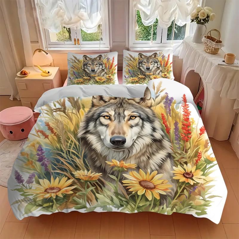 3pcs Wolf Amidst Sunflowers and Lavender Quilt Set - Soft and Comfortable Bedroom, Guest Room and Dorm Decor Bedding Set J097