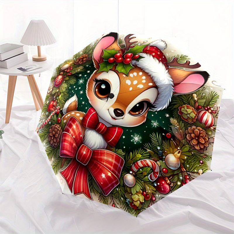 1pc Christmas Plum Deer Automatic Folding Umbrella - 3 Folding Design, Vivid Cartoon Pattern, Suitable for Outdoor Activities, A Gift for Fa