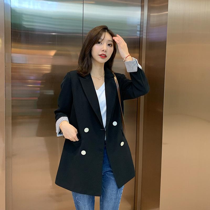 Small Blazer for Women Korean Style Loose Student Spring and Autumn New Style Striped Cuffs Mid-length Casual Black Suit