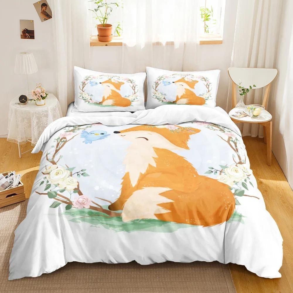 Fox Duvet Cover Set Kids Cartoon Fox Comforter Cover Cute Orange Wildlife Duvet Cover For Boys Animal Twin Polyester Bedding Set
