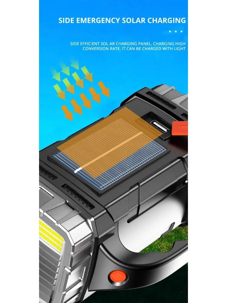 2026 Powerful LED Flashlight USB+Solar Rechargeable Flashlight COB Outdoor Camping Torch Portable Searchlight Power Bank Outdoor