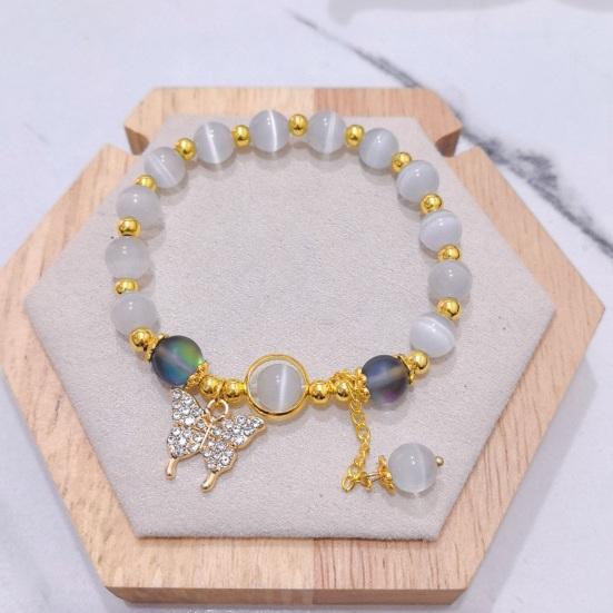 Women Bracelet with Elastic Cord Butterfly Pendant Tassel Faux Opal Contrast Color Good Fortune Symbolization Bestie Birthday Gift Wrist Jewelry
