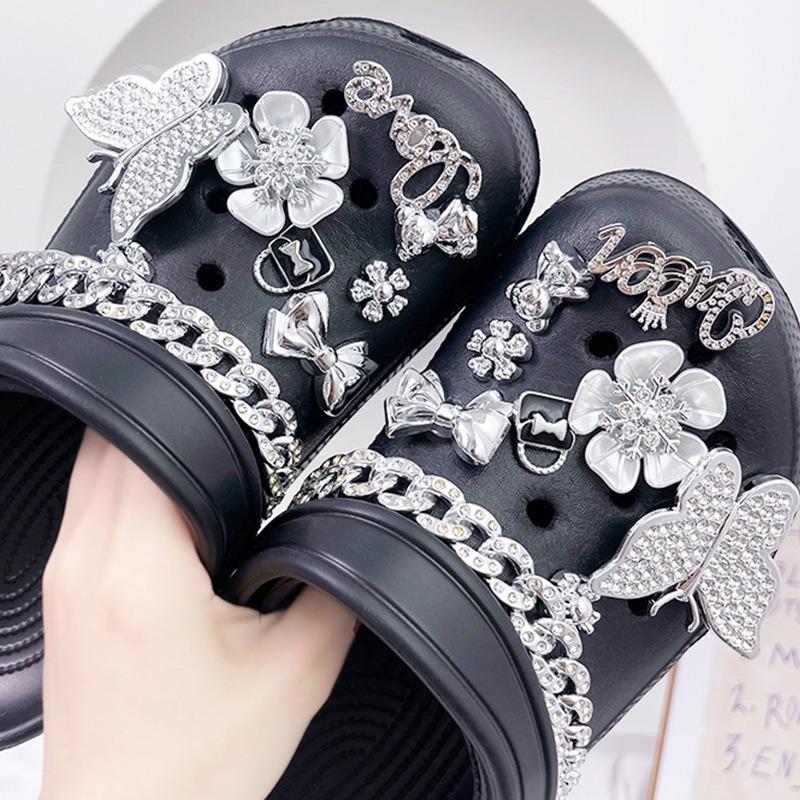 16PCS Luxury Shoe Charms Set Accessories Hole Shoe Buckle Silver Rhinestone Butterfly Chain DIY Shoes Decorations Party Gift