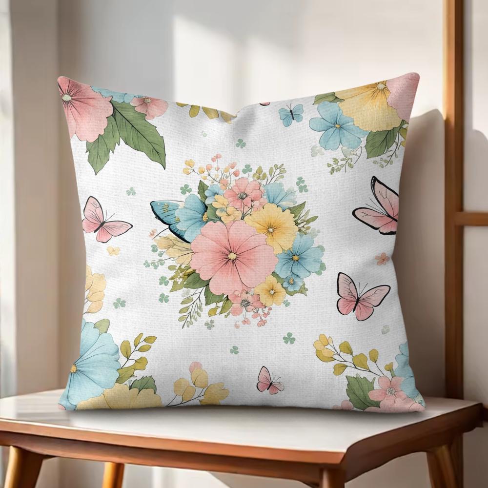 Spring Floral Cushion Cover Natural Linen Organic Fabric DoubleSided Printing Couch Pillow Covers Home Decor