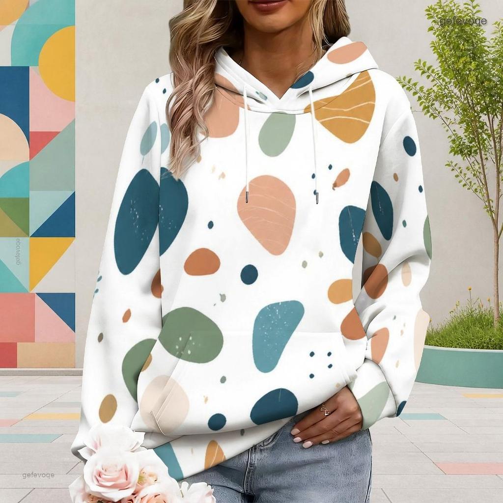 Women Plus Size Abstract Geometric Printed Long Sleeve Drawstring Hood Kangaroo Pocket Pullover Hoodie