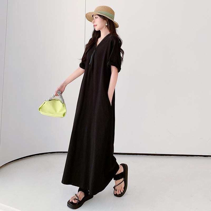 Retro Hepburn Style Plus Size Zipper Dress - Solid Color, Loose Fit Long Dress for Women