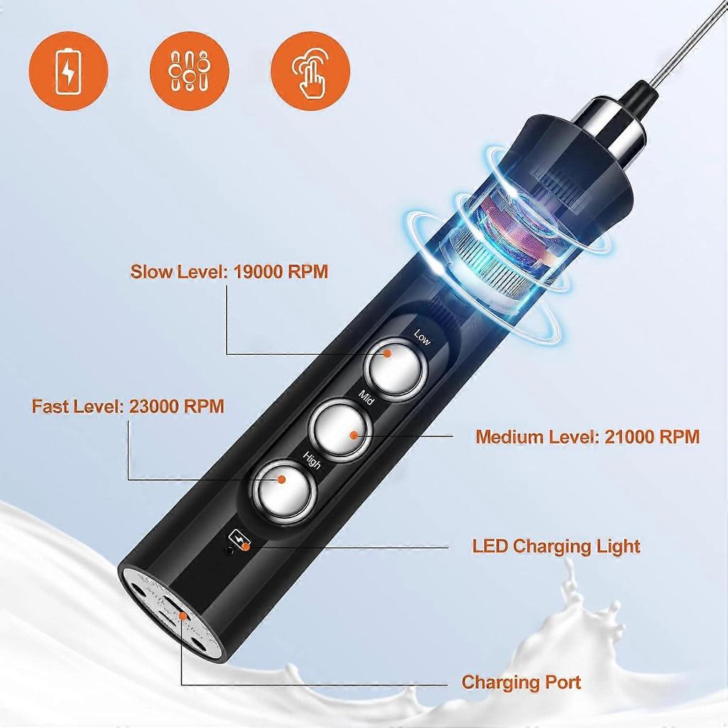 Rechargeable Milk Frother, 3-Speed, 2 Whisks for Cappuccino, Latte