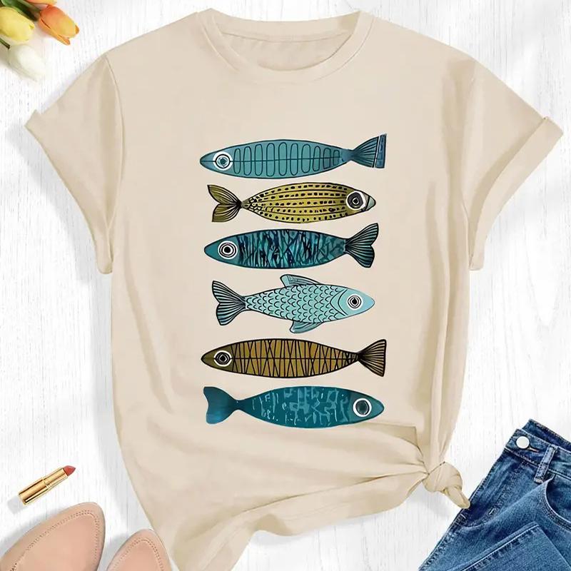 Women Summer T Shirt Retro Fashion Short Sleeve Tees Casual Fish Printed  Tops