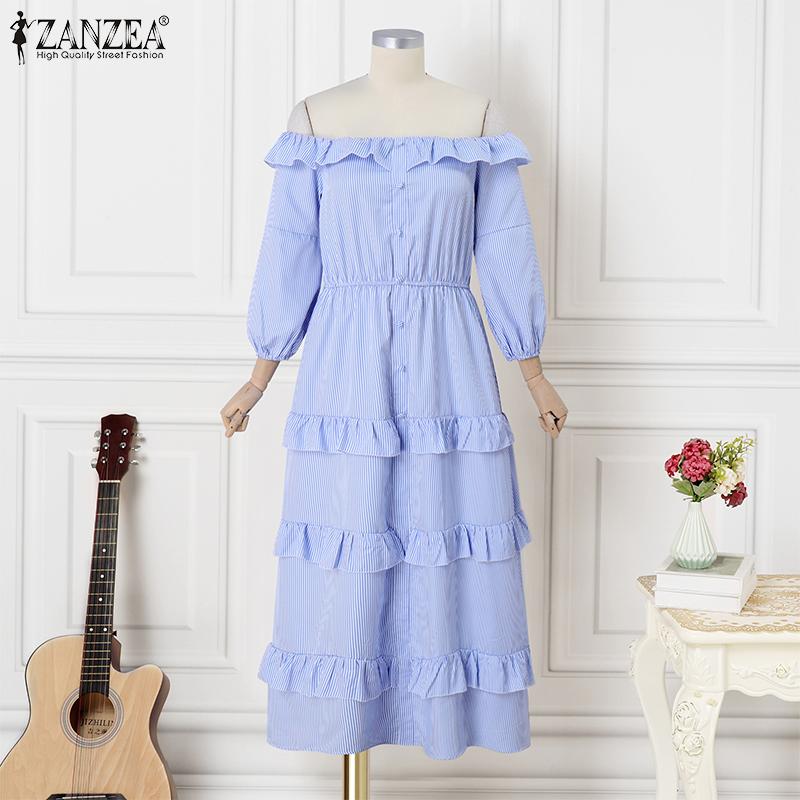 ZANZEA Rochie lungă de vacanță cu mâneci 3/4, cu umăr dezactivat