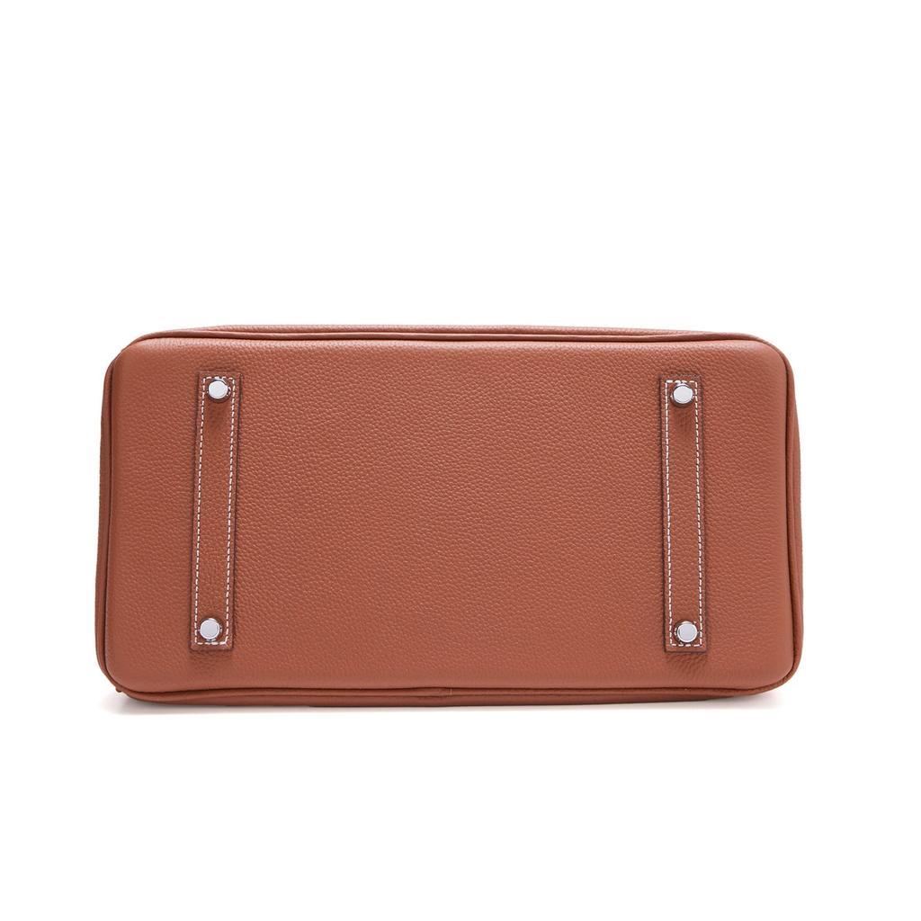 New Silver Buckle Metal Platinum Bag Genuine Leather Large Capacity Hand-held Women's Bag Lychee Patterned Top Layer Cowhide Shoulder Bag