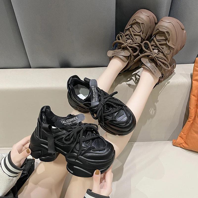 Fashion Fashion Chunky Sneakers Women Autumn Lace Up Platform Sports Shoes Woman 8CM Thick Bottom High Heels Female Leather Sneakers