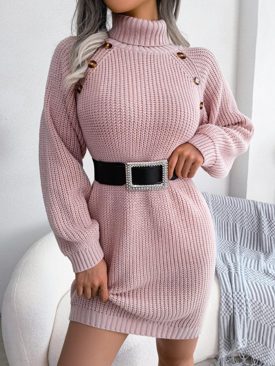 Autumn Winter Casual Button High Neck Long Sleeve Base Dress Women s Clothing S