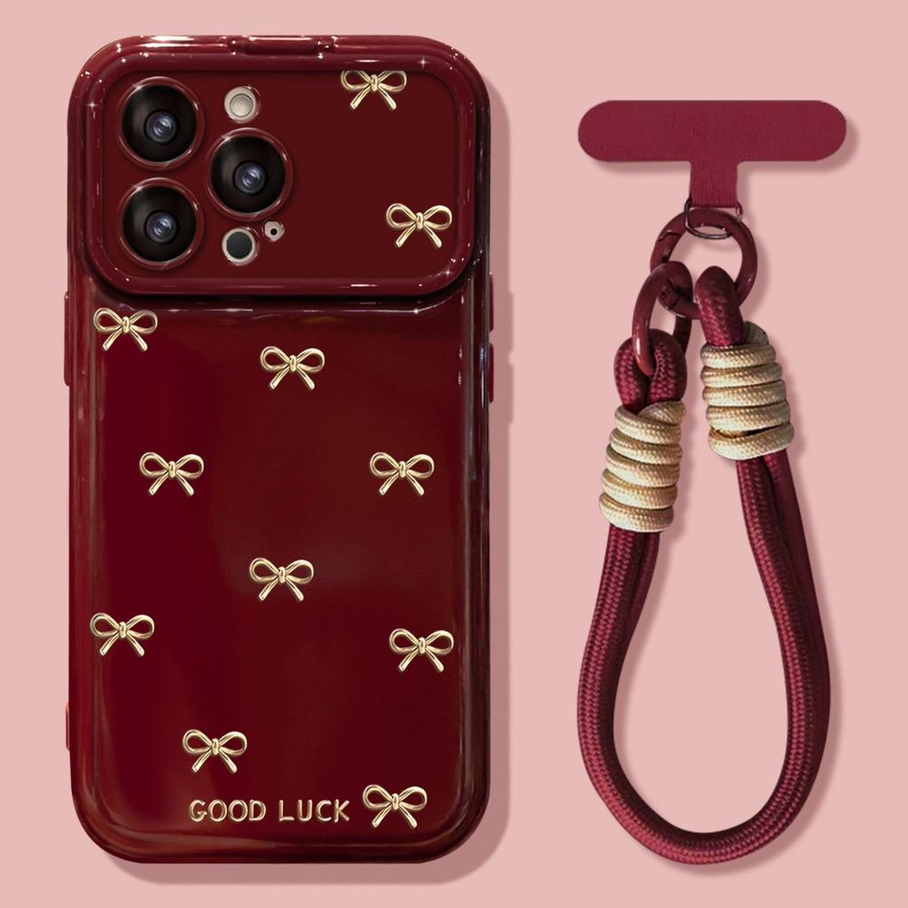 Burgundy Bow Love Lanyard for Apple 17 New Year Mobile Phone Case Iphone15promax Silicone 16 Women