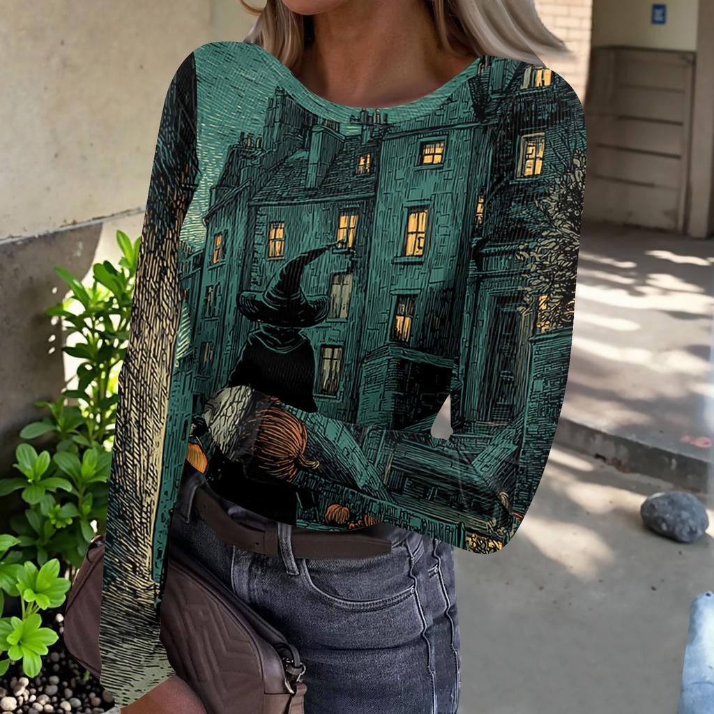 Women's Casual Long Sleeve Ribbed Knit Top Halloween Print Crew Neck Pullover Shirt Lightweight Stretchy Fabric Comfortable Fit
