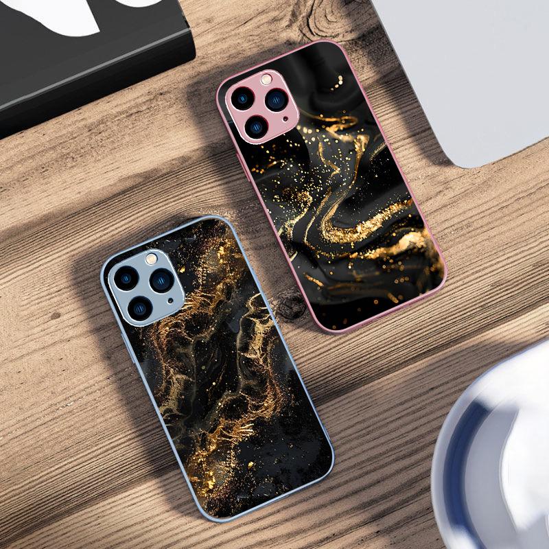 Dunkel Vergoldet Schwarz Für IPhone 16 Pro Max 15 Pro 14 13 12 Mini 11 XS Max XR 7 8 Plus SE 2022 Gehärtetes Glas Handyhülle