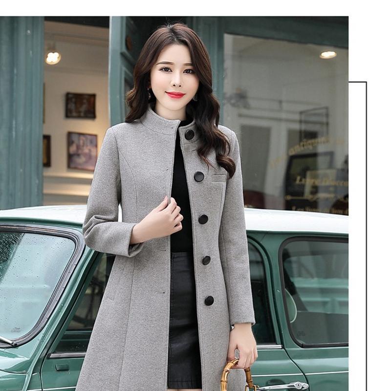 Abrigo de lana de dragón y Fénix para mujer, abrigo de longitud media con cuello levantado, contraste de cintura, Edición coreana, Otoño e Invierno