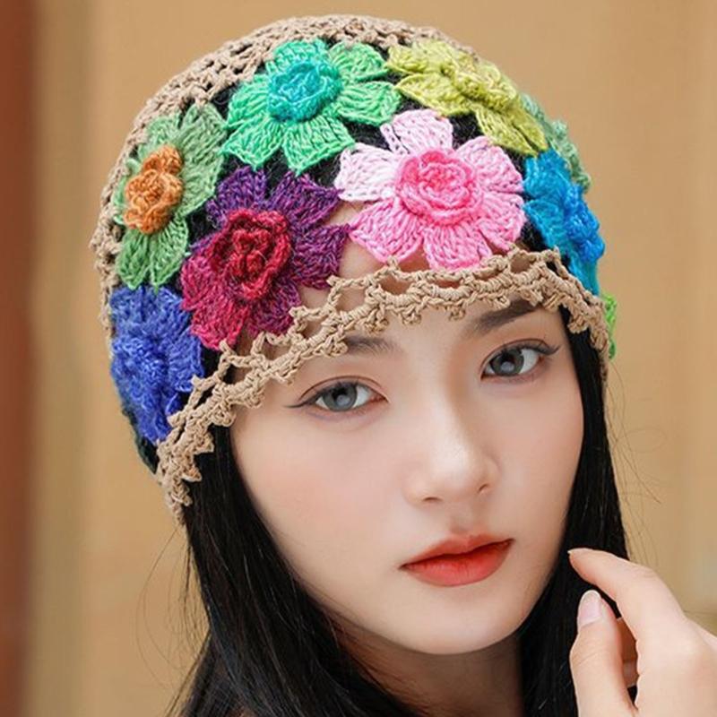 Cotton Crochet Brimless Hat With HollowOut Flower Design Summer Vacation Casual Skull Cap For Women Everyday Wear