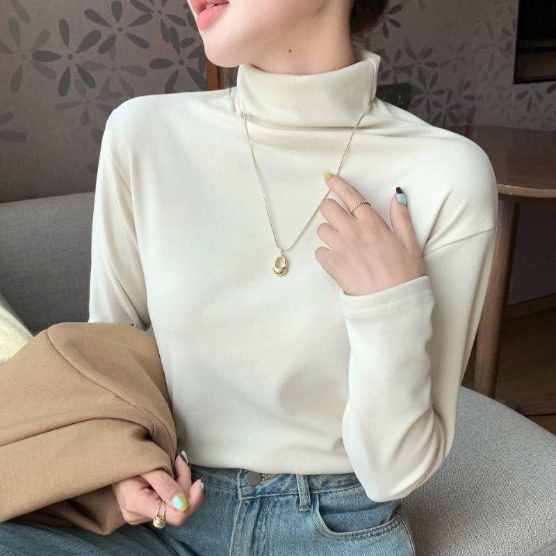 High-necked Micron Velvet Bottomed Shirt for Women's Autumn and Winter, Thickened Double-sided Abraded Stacked Collar Long-sleeved Top