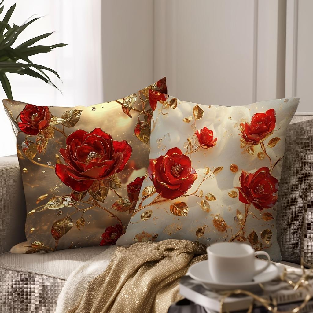 Red Rose & Gold Accent Pillowcase: Shimmering Festive Pattern Cushion Cover For Luxe Holiday Home Sofa Decor