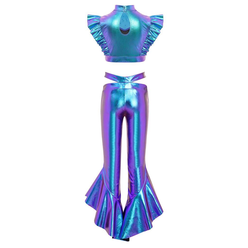Girls Dance Crop Top with Flared Pants Mock Neck Sleeveless Mesh Rhinestone Ruffle Metallic Outfit Set
