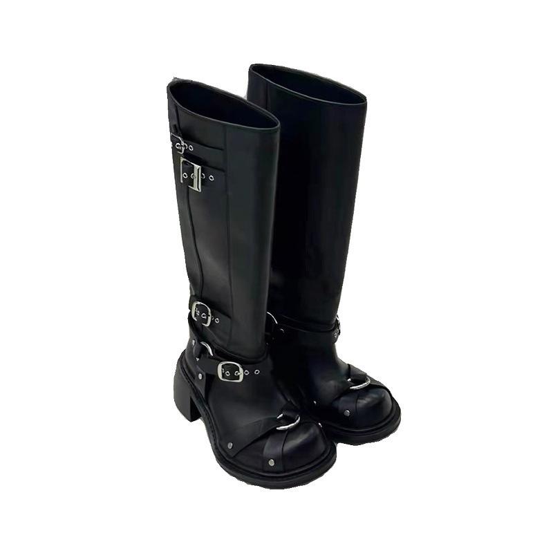 Cowhide Version of Big-headed and Thin Thick-soled Knight Boots Women's Leather Thick-heeled Locomotive But Lacquer Tall Belt Buckle Long Boots